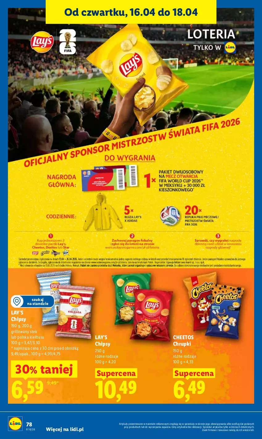 Gazetka promocyjna Lidl - Gazetka ważna od 16.04 do 18.04 - ważna 16.04 do 18.04.2026 - strona 78 - produkty: Cheetos, Chipsy, Chrupki, Grill, Kiełbasa, Lay’s, Stek