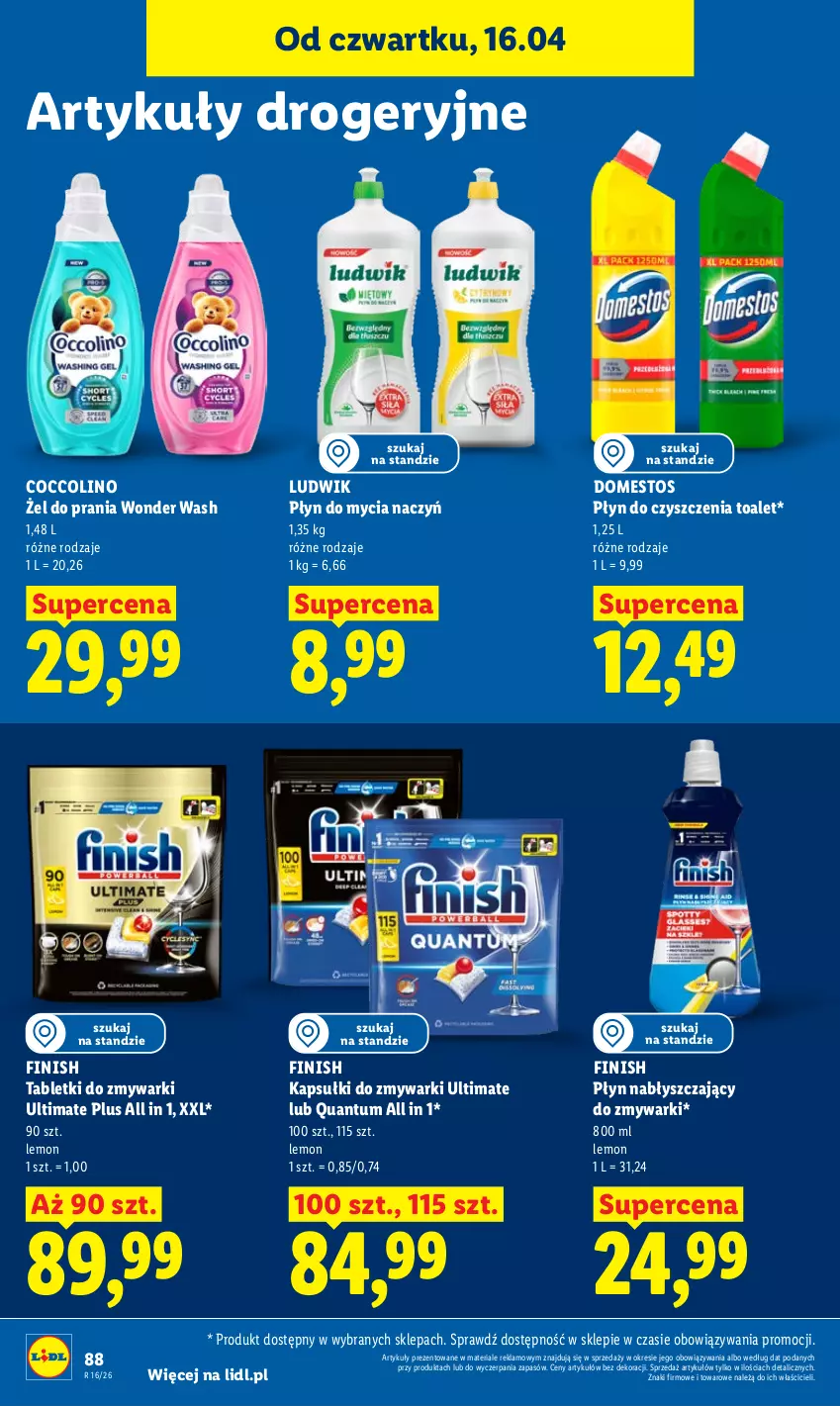 Gazetka promocyjna Lidl - Gazetka ważna od 16.04 do 18.04 - ważna 16.04 do 18.04.2026 - strona 88 - produkty: Coccolino, Do mycia naczyń, Domestos, Finish, Ludwik, Płyn do mycia, Płyn do mycia naczyń, Płyn nabłyszczający, Tablet, Tabletki do zmywarki, Zmywarki