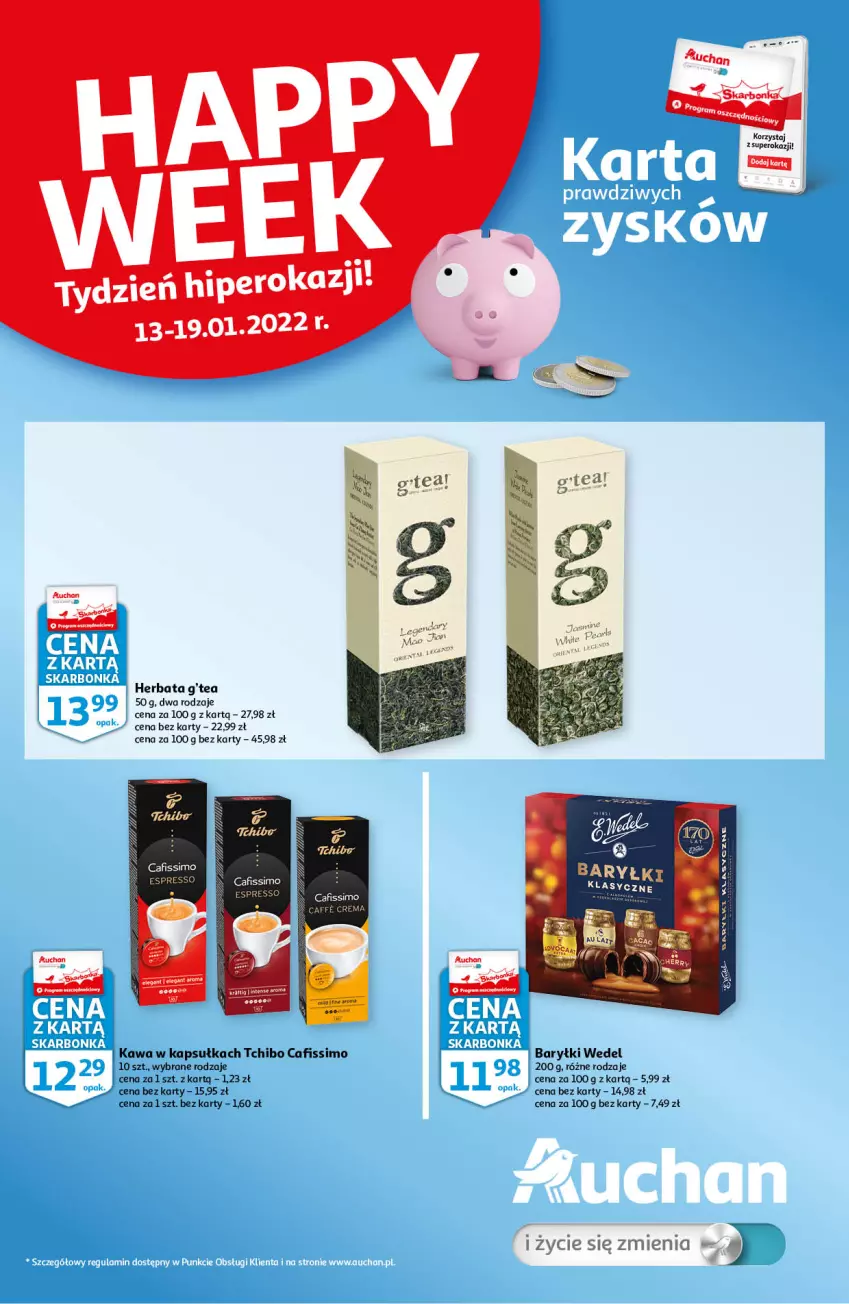 Gazetka promocyjna Auchan - Skarbonka #2 - ważna 13.01 do 19.01.2022 - strona 1 - produkty: Baryłki, Cafissimo, Herbata, Kawa, Tchibo