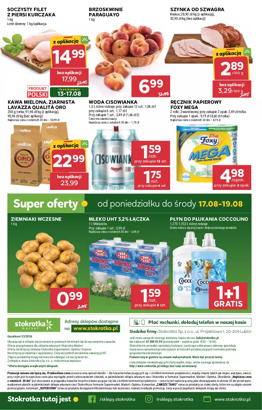 Gazetka promocyjna Stokrotka - Market - ważna 13.08 do 19.08.2026 - strona 34 - produkty: Brzoskwinie, Cisowianka, Coccolino, Dres, Filet z piersi kurczaka, Foxy, Gra, Kawa, Kawa mielona, Krakus, Kurczak, Lavazza, Mięso, Mleko, Mlekovita, O nas, Optima, Owoce, Papier, Płyn do płukania, Ręcznik, Rolki, Ser, Szynka, Telefon, Torba, Wagi, Warzywa, Woda, Ziemniaki