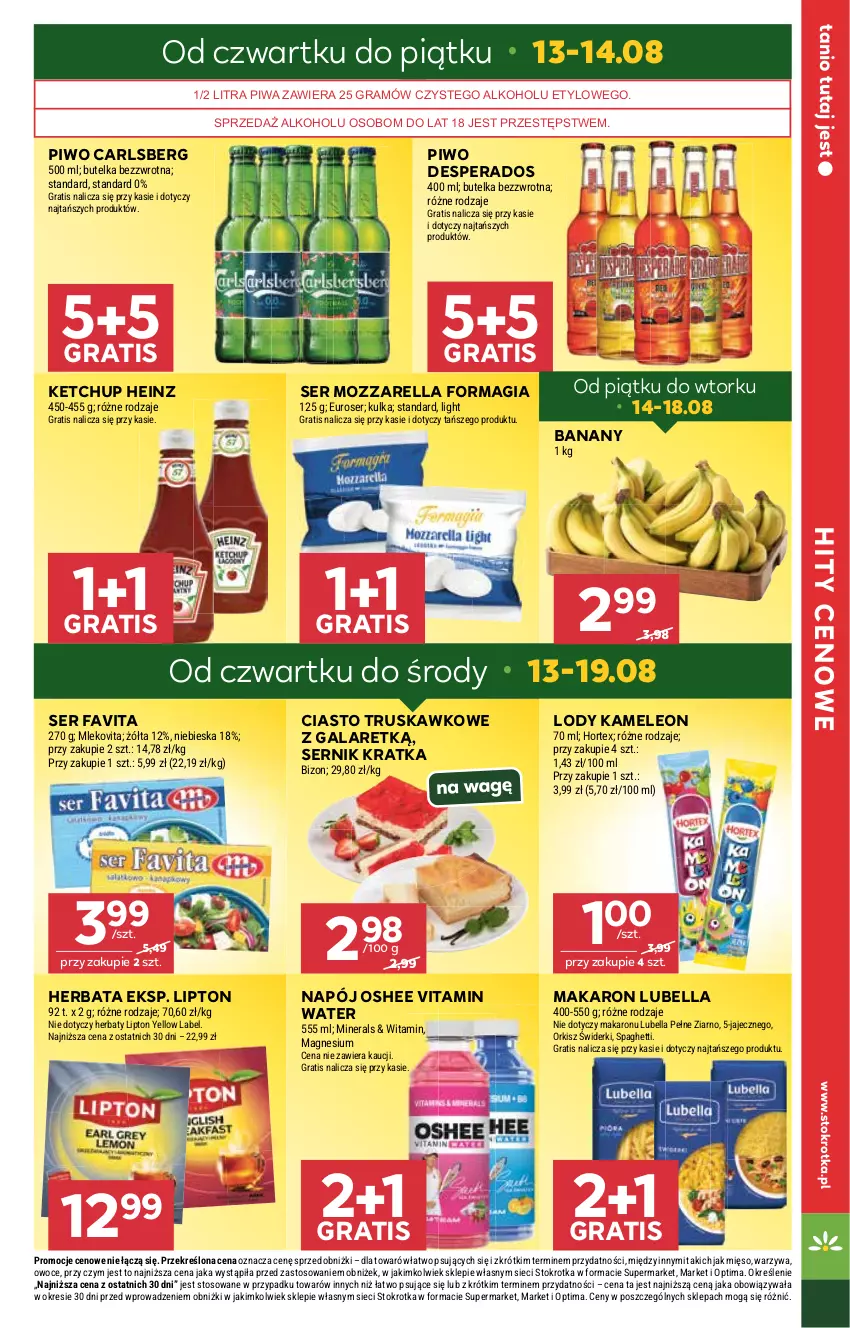 Gazetka promocyjna Stokrotka - Market - ważna 13.08 do 19.08.2026 - strona 5 - produkty: Banany, Bell, Bella, Carlsberg, Desperados, Eleo, Fa, Favita, Gala, Gra, Heinz, Herbata, Hortex, Ketchup, Leon, Lipton, Lody, Lubella, Makaron, Mięso, Mleko, Mlekovita, Mozzarella, Napój, Optima, Oshee, Owoce, Piwa, Piwo, Ser, Spaghetti, Warzywa