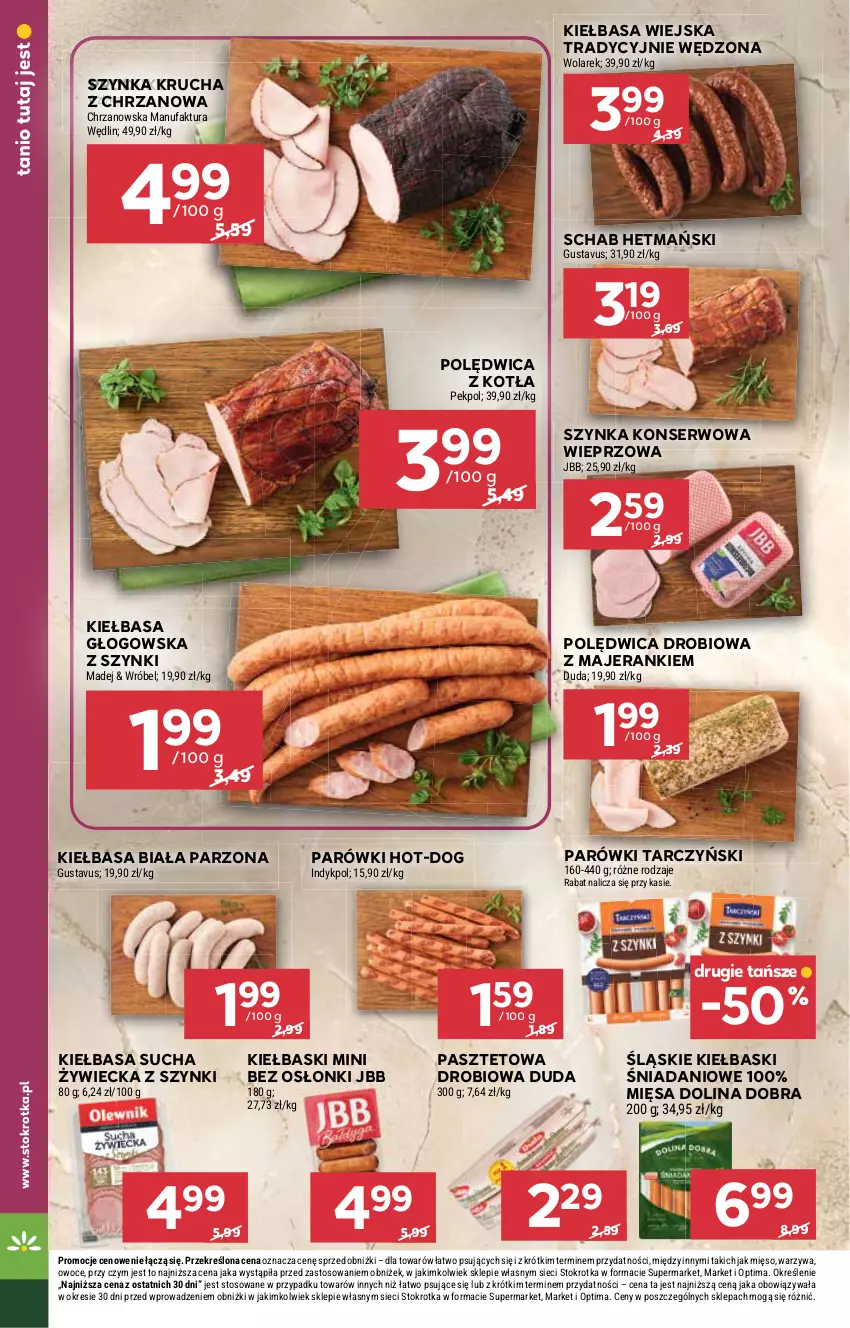Gazetka promocyjna Stokrotka - Market - ważna 13.08 do 19.08.2026 - strona 8 - produkty: Chrzan, Danio, Duda, Fa, Kiełbasa, Kiełbasa biała, Kiełbasa głogowska, Kiełbasa wiejska, Mięso, Optima, Owoce, Parówki, Pasztet, Pekpol, Polędwica, Ser, Szynka, Szynka konserwowa, Tarczyński, Warzywa