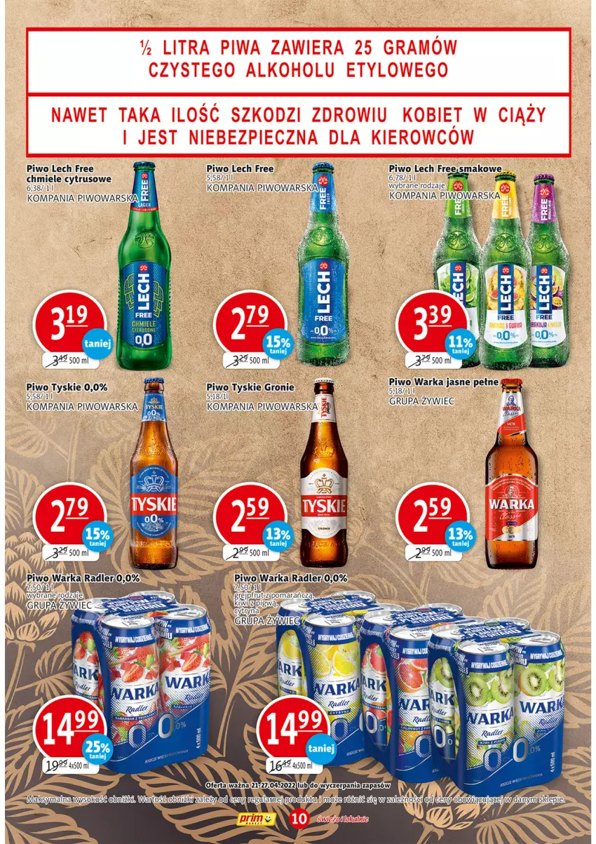 Gazetka promocyjna Prim Market - ważna 21.04 do 27.04.2022 - strona 10 - produkty: Piwo, Radler, Sok, Tyskie, Warka