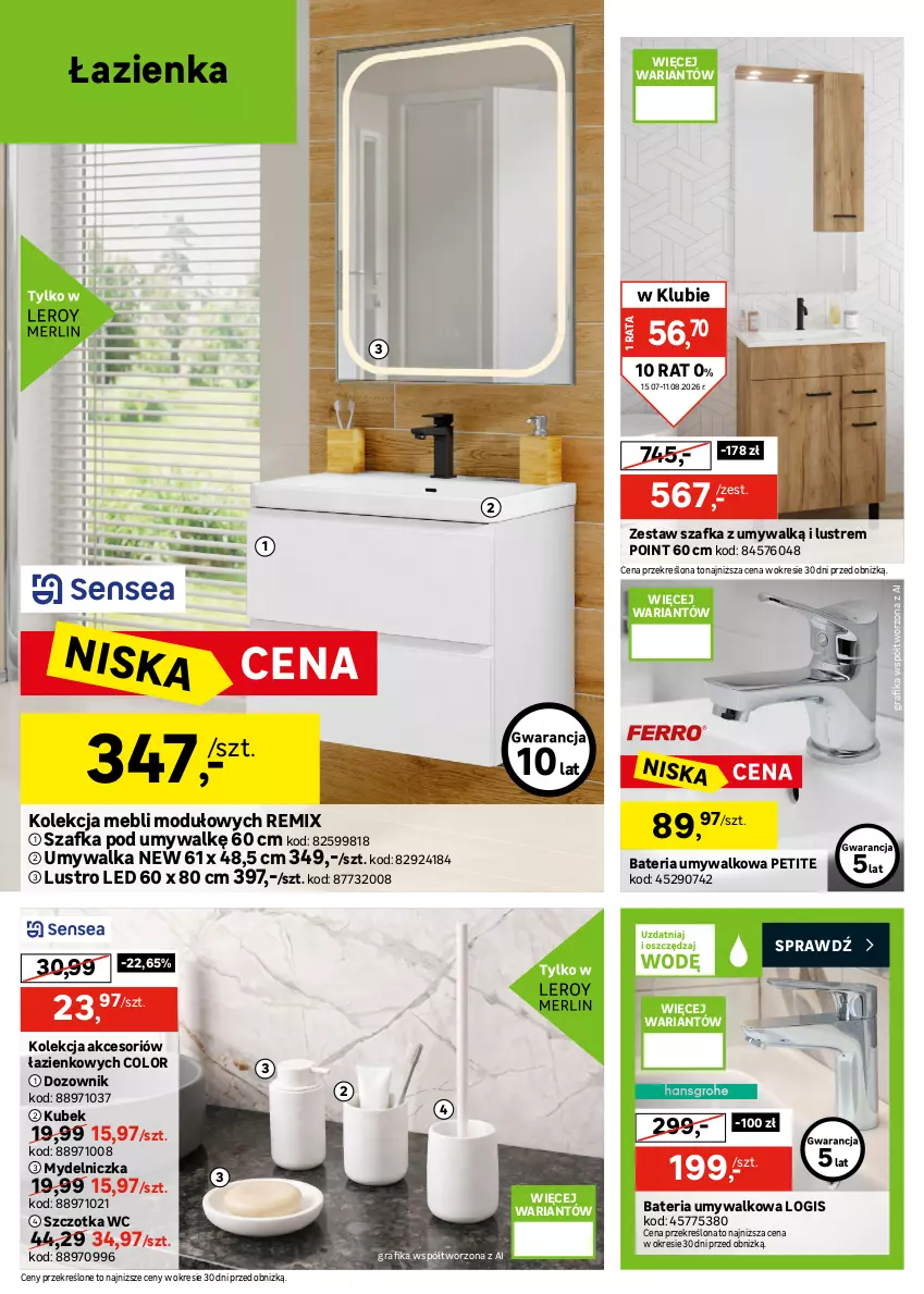 Gazetka promocyjna Leroy Merlin - Gazetka Leroy Merlin - ważna 15.07 do 11.08.2026 - strona 20 - produkty: Bateria, Bateria umywalkowa, Brodzik, Dozownik, Gra, Grafika, Kabina prysznicowa, Kabina z hydromasażem, Kubek, Lustro, Lustro LED, Mydelniczka, Szafka, Szafka pod umywalkę, Szczotka, Umywalka