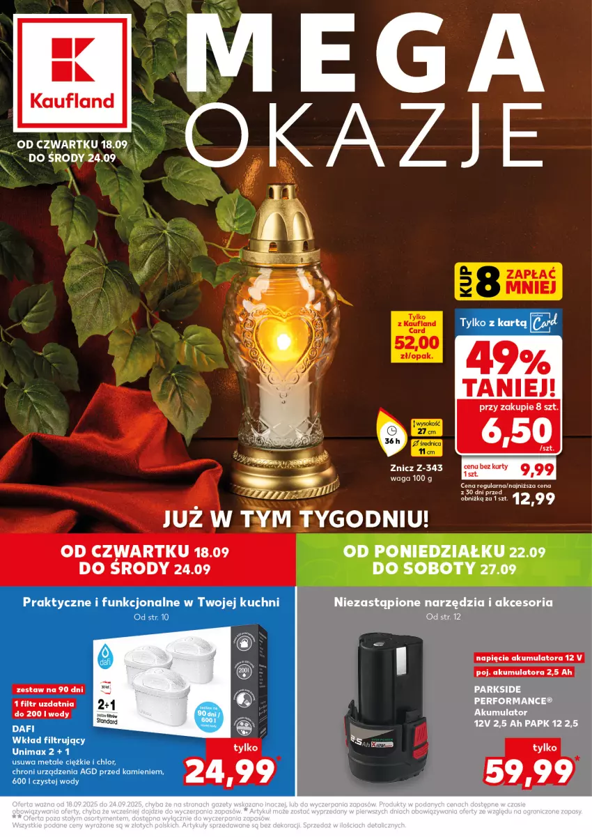 Gazetka promocyjna Kaufland - Kaufland - ważna 18.09 do 24.09.2025 - strona 1 - produkty: Akumulator, Parkside, Sok, Waga, Wkład filtrujący, Znicz
