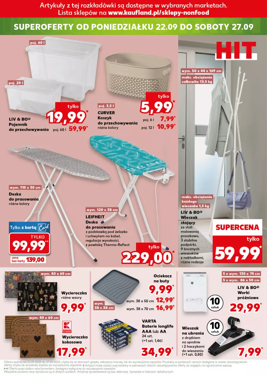 Gazetka promocyjna Kaufland - Kaufland - ważna 18.09 do 24.09.2025 - strona 25 - produkty: Buty, Deska do prasowania, Haczyk, Kokos, Kosz, Pojemnik, Pojemnik do przechowywania, Sok, Spodnie, Ubrania, Varta, Wieszak, Wycieraczka