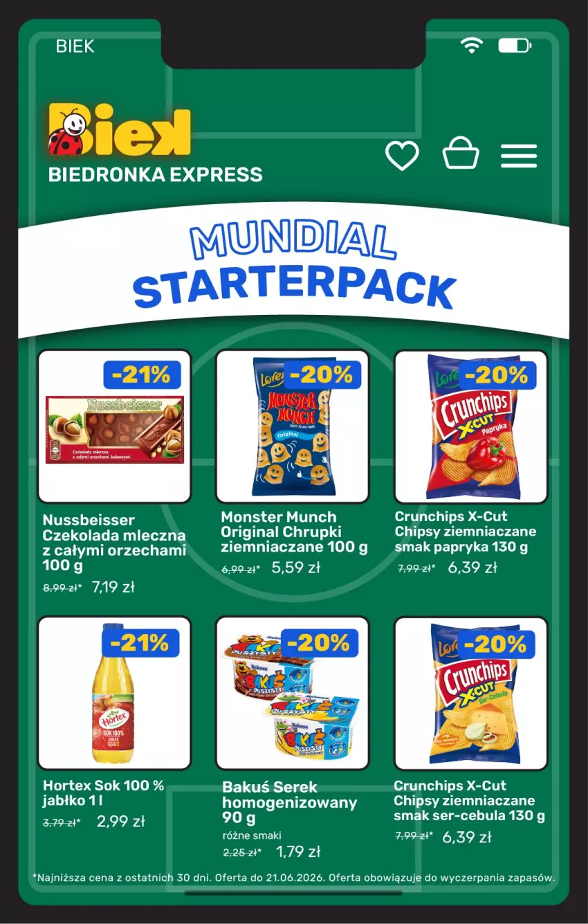 Gazetka promocyjna Biedronka - Gazetka - ważna 19.06 do 26.06.2026 - strona 10 - produkty: Cebula, Chipsy, Chrupki, Crunchips, Czekolada, Czekolada mleczna, Gin, Hortex, Mleko, Monster Munch, Papryka, Ser, Serek, Sok
