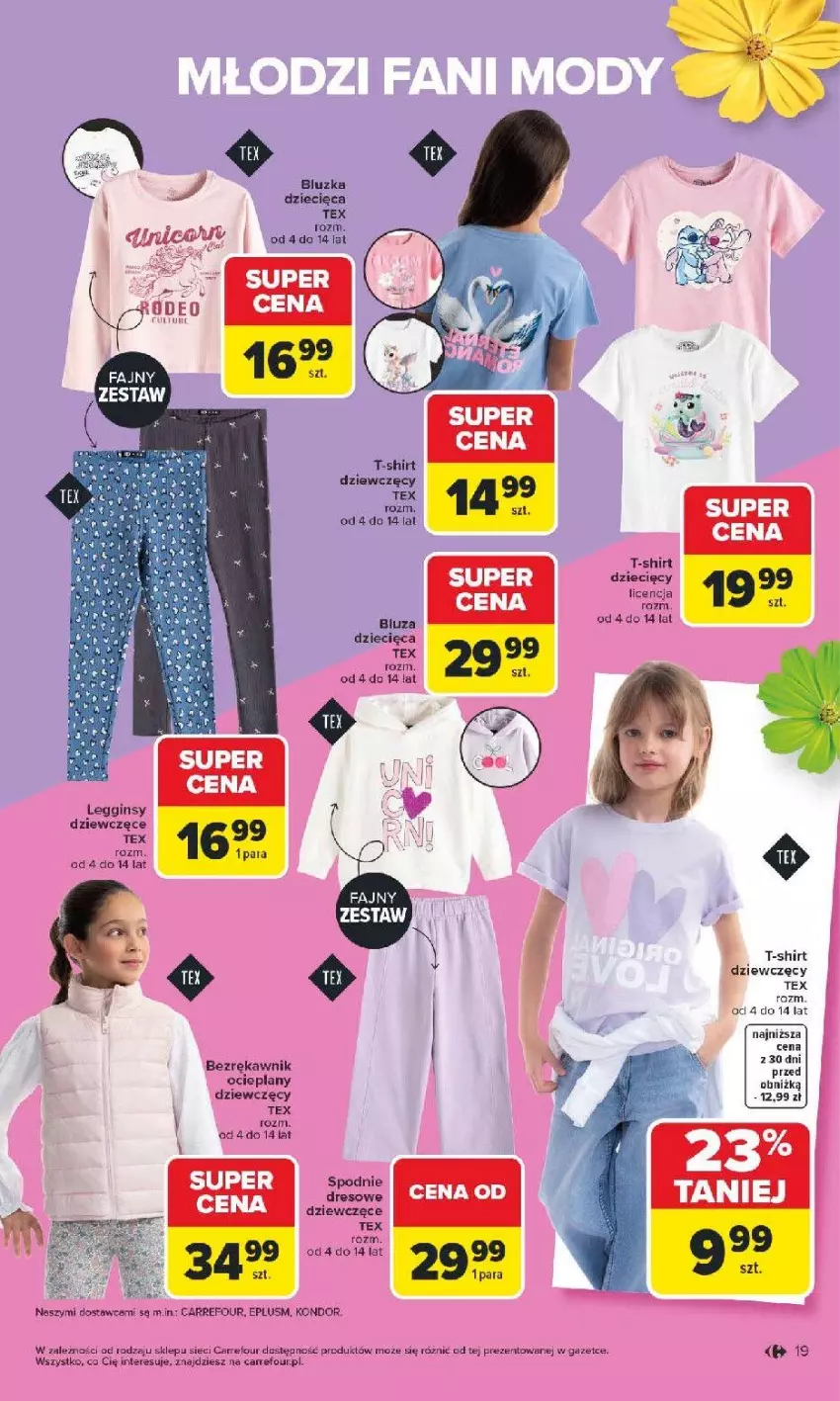 Gazetka promocyjna Carrefour - Gazetka TEX na spotkanie z wiosną - ważna 07.04 do 18.04.2026 - strona 19 - produkty: Bluza, Dres, Dzieci, Fa, Gin, Legginsy, Spodnie, Spodnie dresowe, T-shirt