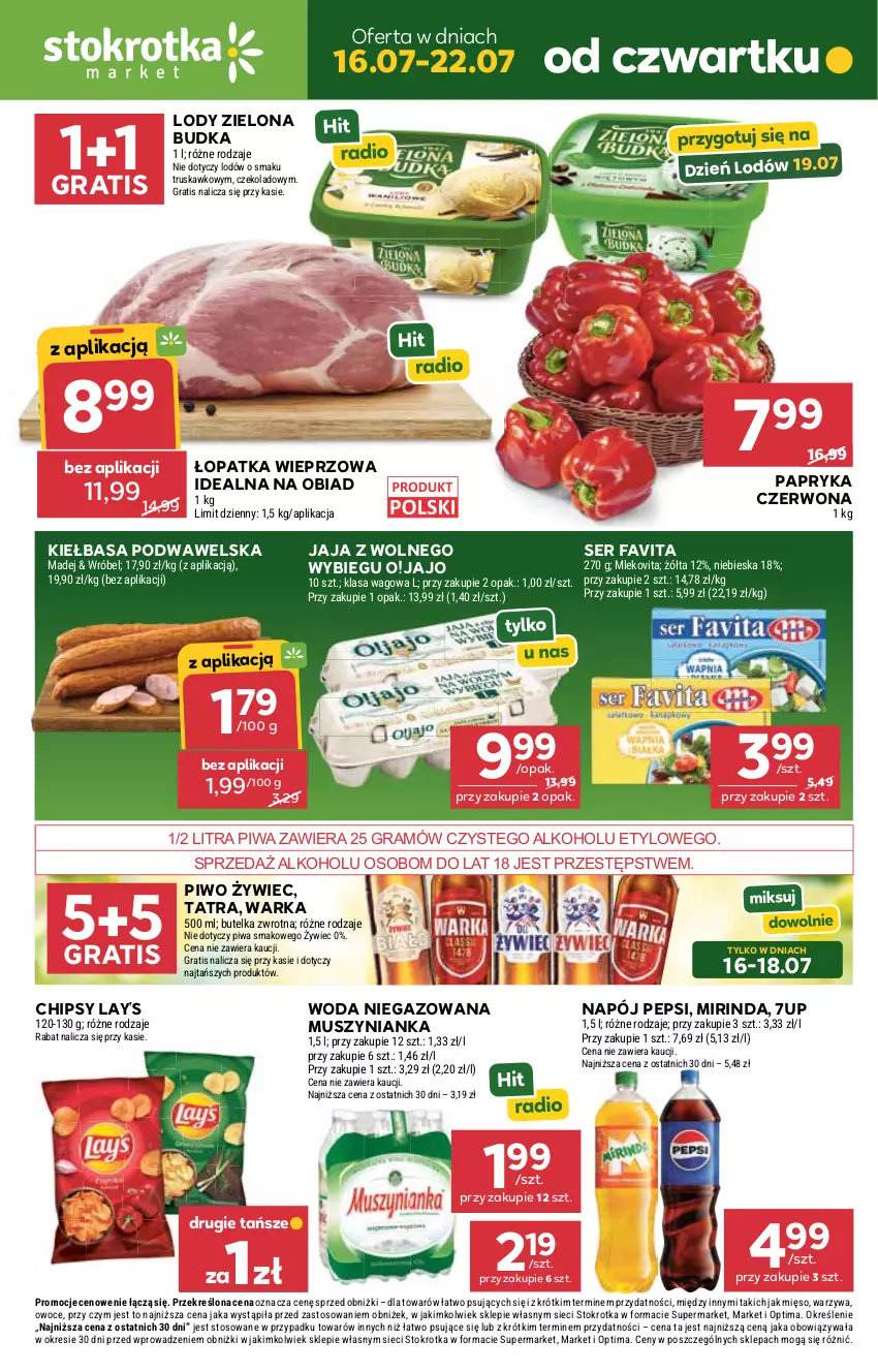 Gazetka promocyjna Stokrotka - Market - ważna 16.07 do 22.07.2026 - strona 1 - produkty: 7up, Chipsy, Fa, Favita, Gra, Jaja, Jaja z wolnego wybiegu, Kiełbasa, Kiełbasa podwawelska, Lay’s, Lody, Mięso, Mirinda, Mleko, Mlekovita, Mus, Muszynianka, Napój, Optima, Owoce, Papryka, Papryka czerwona, Pepsi, Piwa, Piwo, Ser, Tatra, Warka, Warzywa, Wawel, Woda, Woda niegazowana, Zielona Budka