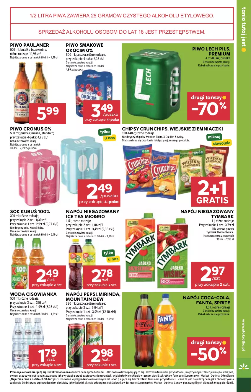 Gazetka promocyjna Stokrotka - Market - ważna 16.07 do 22.07.2026 - strona 23 - produkty: Chipsy, Cisowianka, Coca-Cola, Crunchips, Fa, Fanta, Gra, Ice tea, Koc, Kubuś, Mięso, Mirinda, Napój, Napój niegazowany, Okocim, Optima, Owoce, Pepsi, Piwa, Piwo, Sok, Sprite, Tymbark, Warzywa, Woda