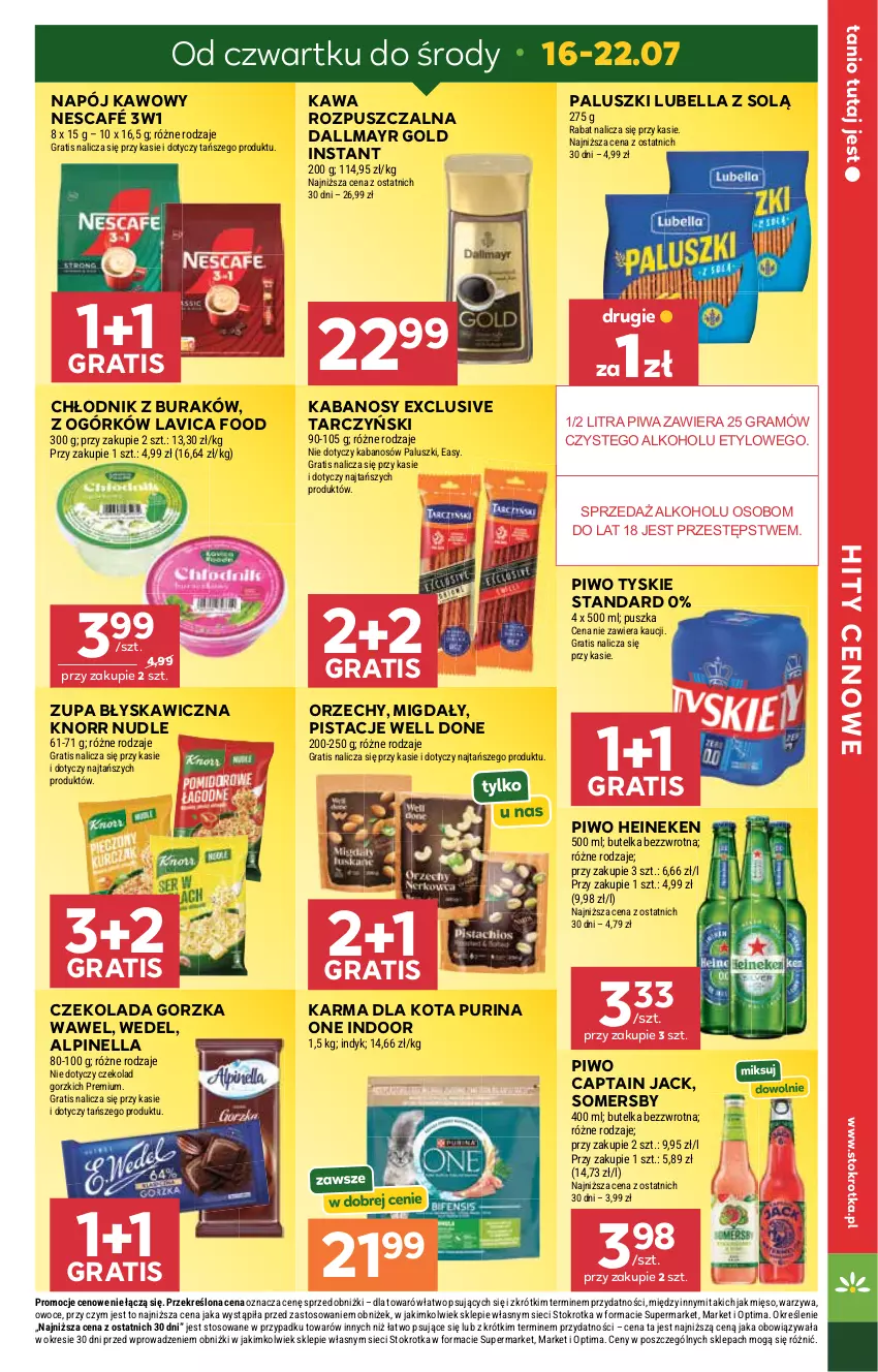 Gazetka promocyjna Stokrotka - Market - ważna 16.07 do 22.07.2026 - strona 5 - produkty: Bell, Bella, Captain Jack, Czekolada, Czekolada gorzka, Dallmayr, Gra, Heineken, Kabanos, Kawa, Kawa rozpuszczalna, Knorr, Lubella, Mięso, Migdały, Napój, Nescafé, Optima, Owoce, Pistacje, Piwa, Piwo, Pur, Purina, Somersby, Tarczyński, Tyskie, Warzywa, Wawel, Zupa