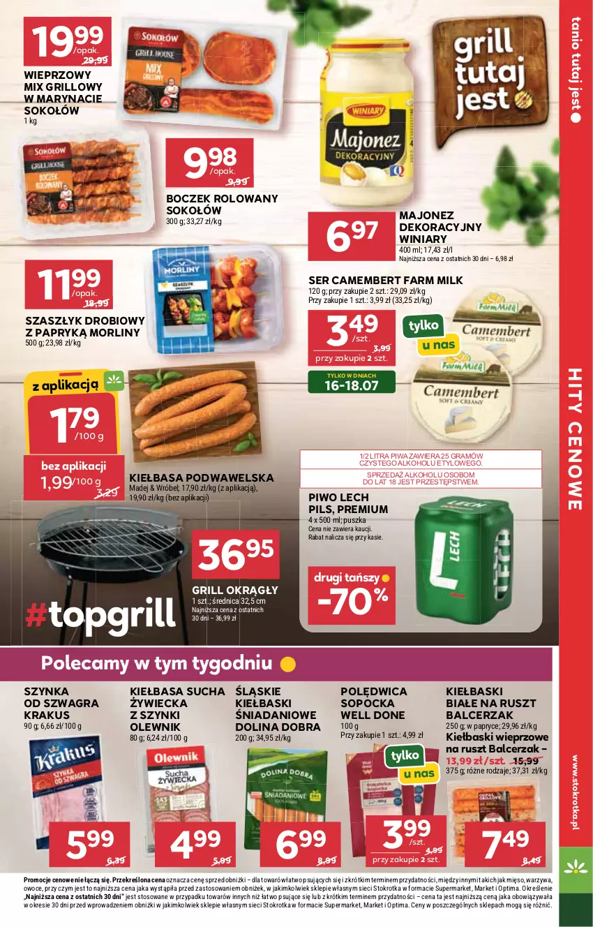 Gazetka promocyjna Stokrotka - Market - ważna 16.07 do 22.07.2026 - strona 7 - produkty: Boczek, Camembert, Danio, Fa, Farm Milk, Gra, Grill, Kiełbasa, Kiełbasa podwawelska, Kiełbaski białe, Krakus, Majonez, Mięso, Morliny, Olewnik, Optima, Owoce, Piwa, Piwo, Polędwica, Ser, Sok, Sokołów, Szynka, Warzywa, Wawel, Winiary