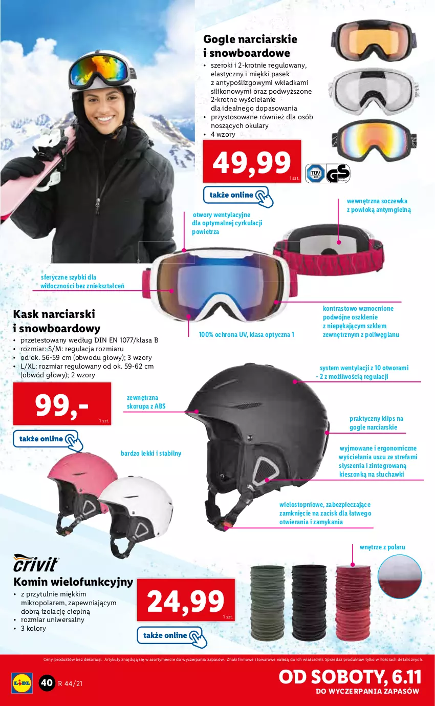 Gazetka promocyjna Lidl - GAZETKA - ważna 02.11 do 07.11.2021 - strona 40 - produkty: Fa, Kask, Kask narciarski, Pasek, Piec, Słuchawki, Snowboard, Top