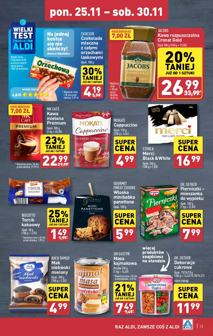 Gazetka promocyjna Aldi - Pełna oferta - ważna 25.11 do 30.11.2024 - strona 13 - produkty: Babka, Cappuccino, Czekolada, Czekolada mleczna, Dr. Oetker, Fa, Jacobs, Kakao, Kawa, Kawa mielona, Kawa rozpuszczalna, Lack, Merci