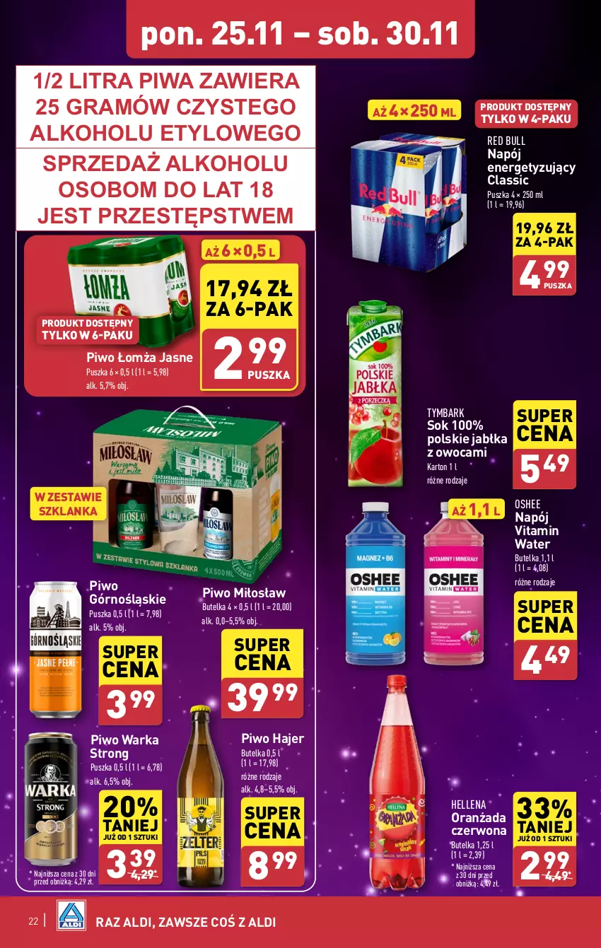 Gazetka promocyjna Aldi - Pełna oferta - ważna 25.11 do 30.11.2024 - strona 22 - produkty: Gra, Hellena, Jabłka, Napój, Oranżada, Oshee, Piwa, Piwo, Red Bull, Sok, Szklanka, Tymbark, Warka