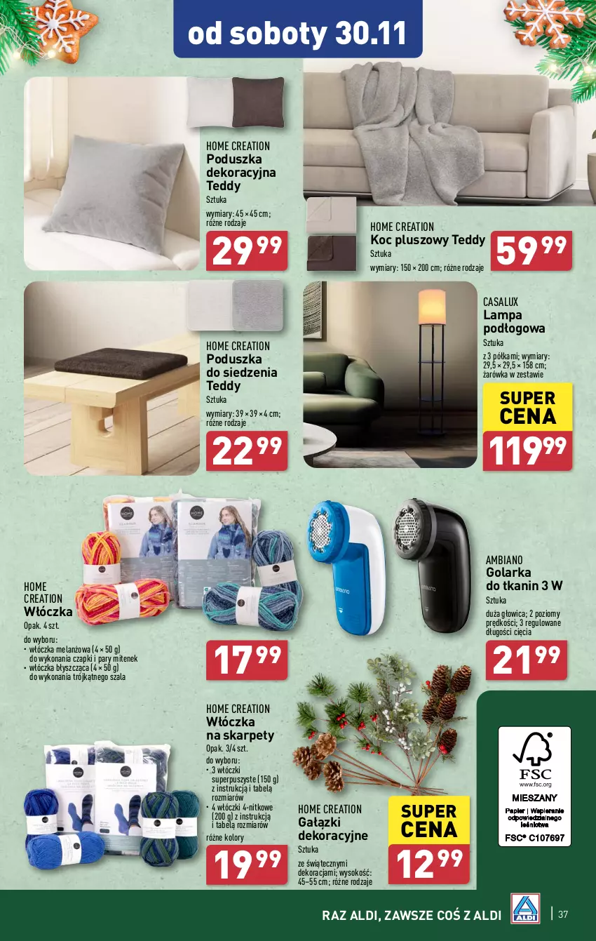 Gazetka promocyjna Aldi - Pełna oferta - ważna 25.11 do 30.11.2024 - strona 37 - produkty: Golarka, Karp, Koc, Lampa, Lampa podłogowa, Poduszka, Poduszka dekoracyjna, Półka, Sok, Szal, Włóczka