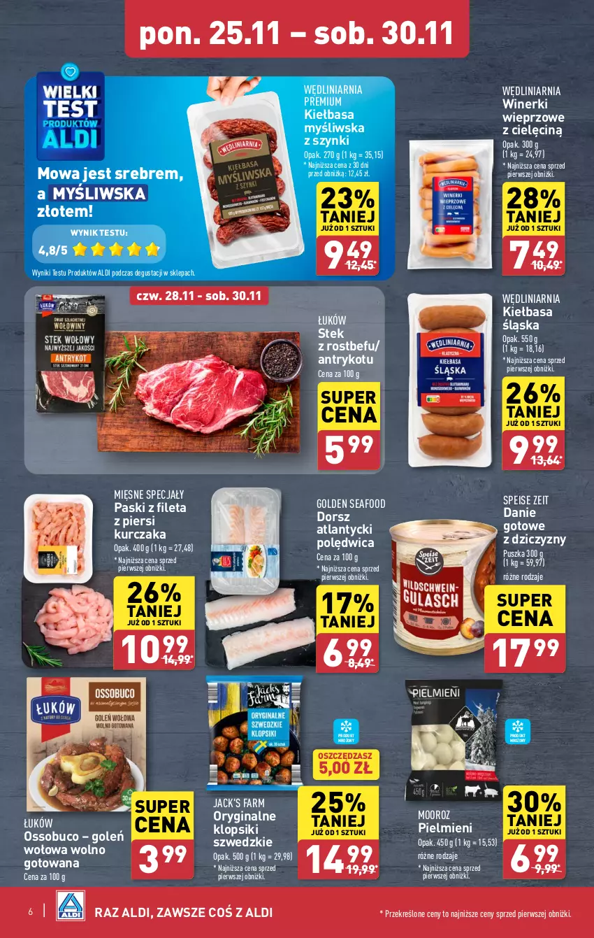 Gazetka promocyjna Aldi - Pełna oferta - ważna 25.11 do 30.11.2024 - strona 6 - produkty: Danie gotowe, Dorsz, Fa, Gin, Golden Seafood, Kiełbasa, Kiełbasa śląska, Klopsiki, Kurczak, Mięsne specjały, Polędwica, Rostbef, Stek