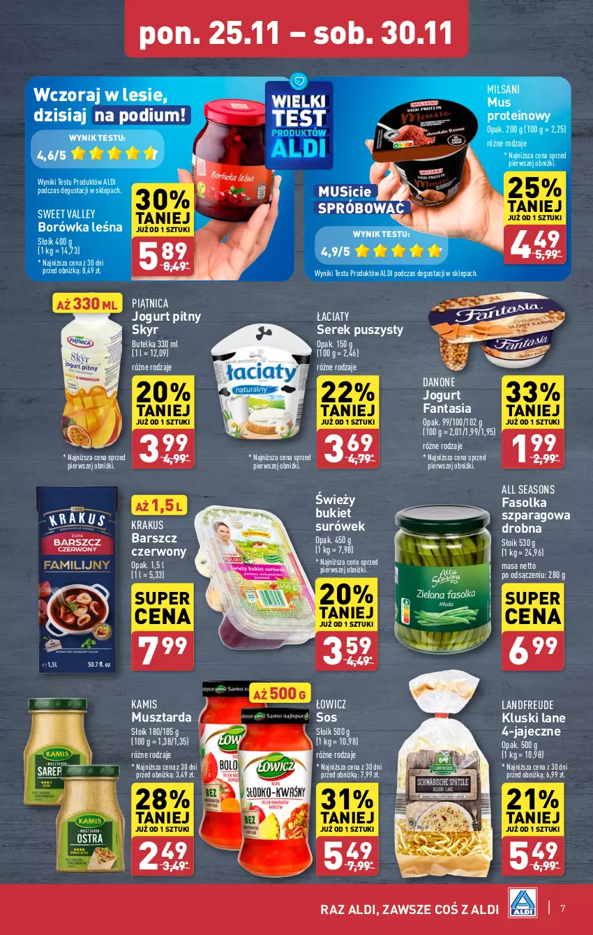 Gazetka promocyjna Aldi - Pełna oferta - ważna 25.11 do 30.11.2024 - strona 7 - produkty: All Seasons, Borówka, Bukiet, Danone, Fa, Fanta, Jogurt, Jogurt pitny, Kamis, Krakus, Mus, Musztarda, Piątnica, Ser, Serek, Serek puszysty, Sos