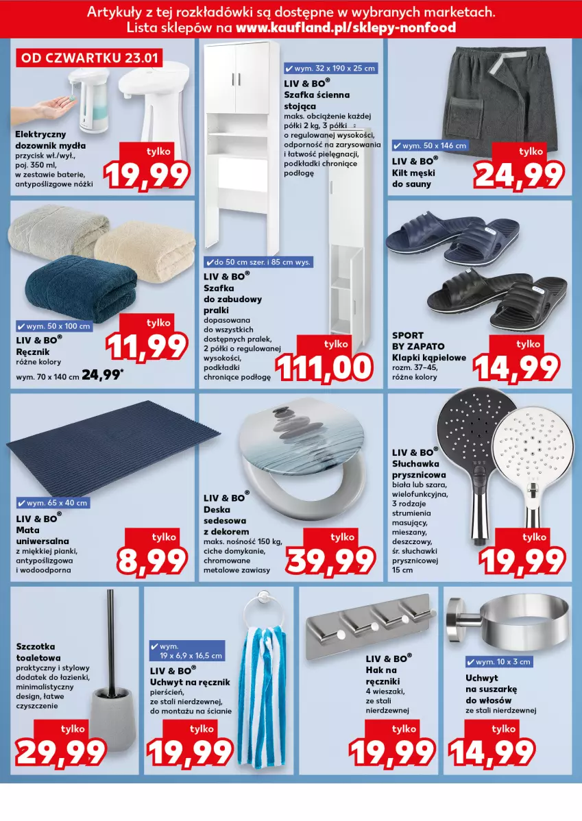 Gazetka promocyjna Kaufland - Kaufland - ważna 23.01 do 29.01.2025 - strona 20 - produkty: Cień, Deska sedesowa, Dozownik, Dozownik mydła, Klapki, Podkład, Por, Pralki, Ręcznik, Rum, Słuchawka prysznicowa, Słuchawki, Sok, Sport, Szafka, Szczotka, Wieszak