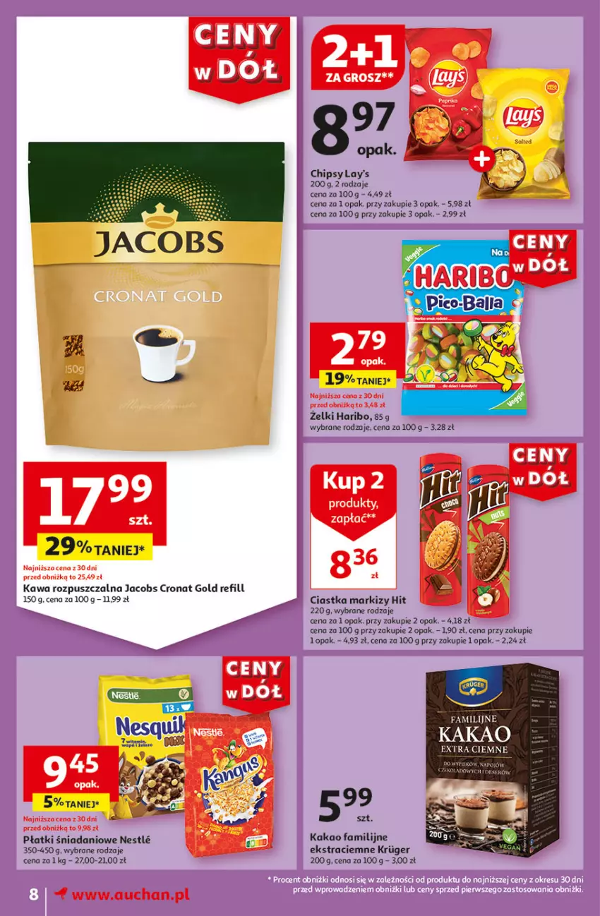 Gazetka promocyjna Auchan - Gazetka CENY W DÓŁ Moje Auchan - ważna 31.05 do 05.06.2024 - strona 8 - produkty: Chipsy, Ciastka, Danio, Fa, Haribo, Jacobs, Kakao, Kawa, Kawa rozpuszczalna, Listwa