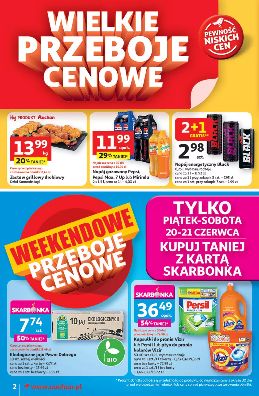 Gazetka promocyjna Auchan - JAK PRAGNĘ LATA Moje Auchan - ważna 20.06 do 25.06.2025 - strona 2 - produkty: Grill, Jaja, Kapsułki do prania, Lack, Mirinda, Napój, Napój energetyczny, Napój gazowany, Pepsi, Pepsi max, Persil, Płyn do prania, Vizir