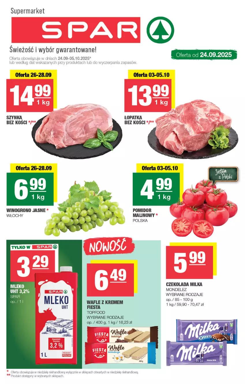 Gazetka promocyjna Spar - Spar - ważna 22.09 do 02.10.2025 - strona 1 - produkty: Czekolada, Milka, Mleko, Szynka, Top, Wafle, Wino