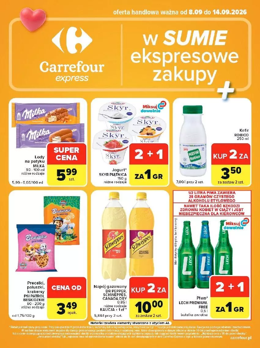 Gazetka promocyjna Carrefour - Gazetka Express w SUMIE ekspresowe zakupy - ważna 08.09 do 14.09.2026 - strona 2 - produkty: Beskidzki, Eclat, Fa, Jogurt, Kefir, Krakersy, Lech Premium, Milka, Napój, Napój gazowany, Piwa, Piwo, Precelki, Psi Patrol, Puf, Schweppes, Sejf