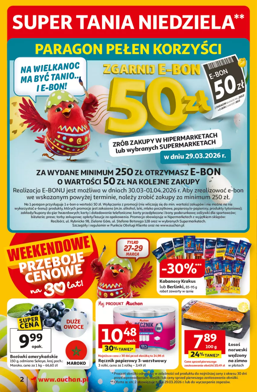 Gazetka promocyjna Auchan - 30 Lat Supermarket - ważna 26.03 do 30.03.2026 - strona 2 - produkty: Berlinki, Fa, Fizan, Kabanos, Krakus, Mleko, Olej, Papier, Por, Ręcznik, Rolki, SEKO, Sport, Telefon