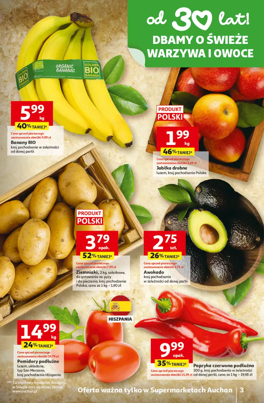 Gazetka promocyjna Auchan - 30 Lat Supermarket - ważna 26.03 do 30.03.2026 - strona 3 - produkty: Banany, Jabłka, Owoce, Papryka, Papryka czerwona, Piec, Pomidory, Sałat, Warzywa, Warzywa i owoce, Ziemniaki