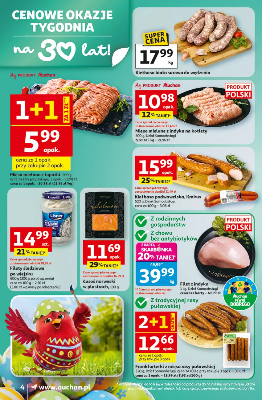 Gazetka promocyjna Auchan - 30 Lat Supermarket - ważna 26.03 do 30.03.2026 - strona 4 - produkty: Frankfurterki, Kiełbasa, Kiełbasa biała, Kiełbasa podwawelska, Kotlet, Krakus, Mięso, Mięso mielone, Wawel