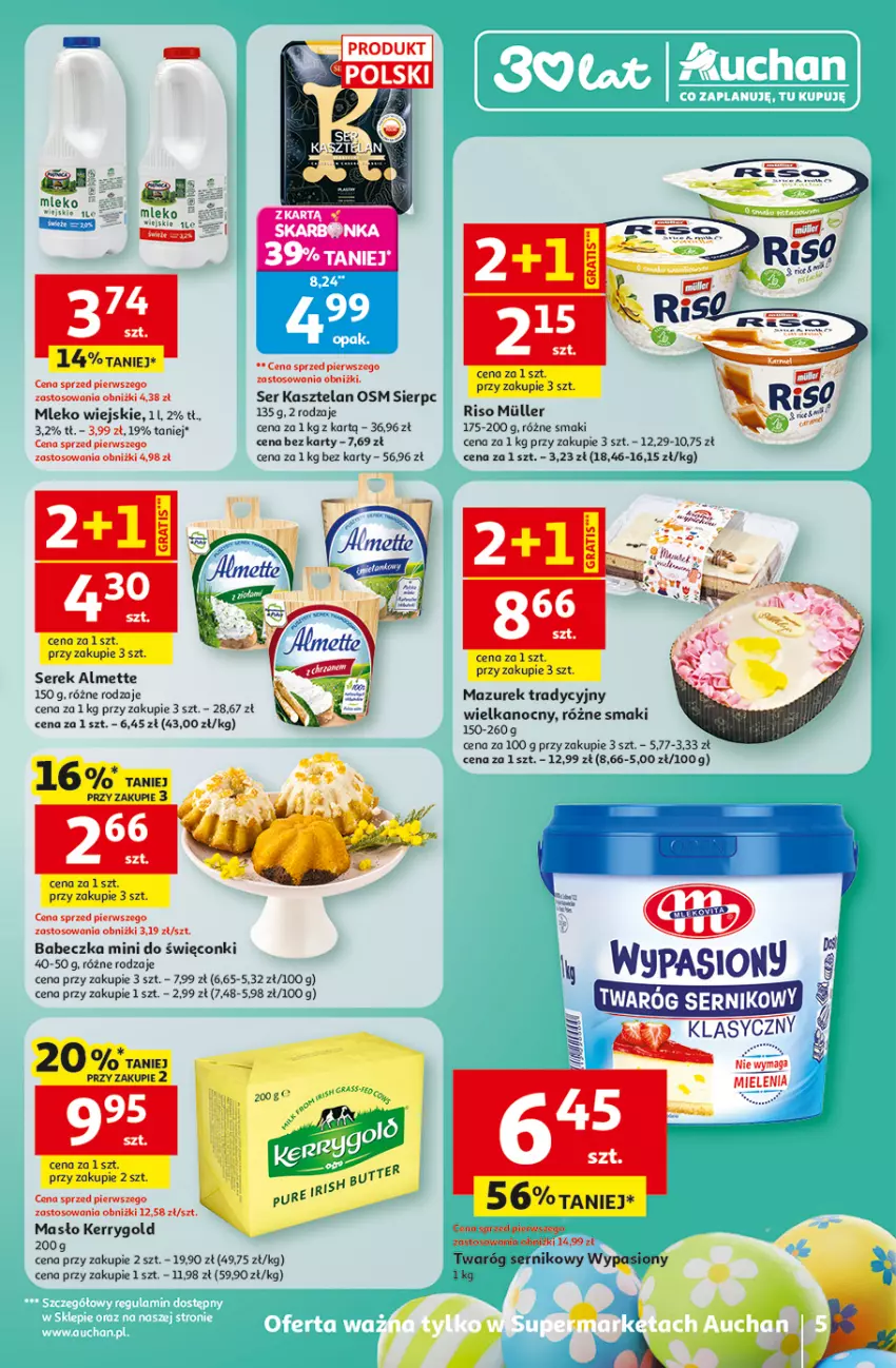 Gazetka promocyjna Auchan - 30 Lat Supermarket - ważna 26.03 do 30.03.2026 - strona 5 - produkty: Almette, Kasztelan, Masło, Mleko, Ser, Ser Kasztelan, Serek, Twaróg