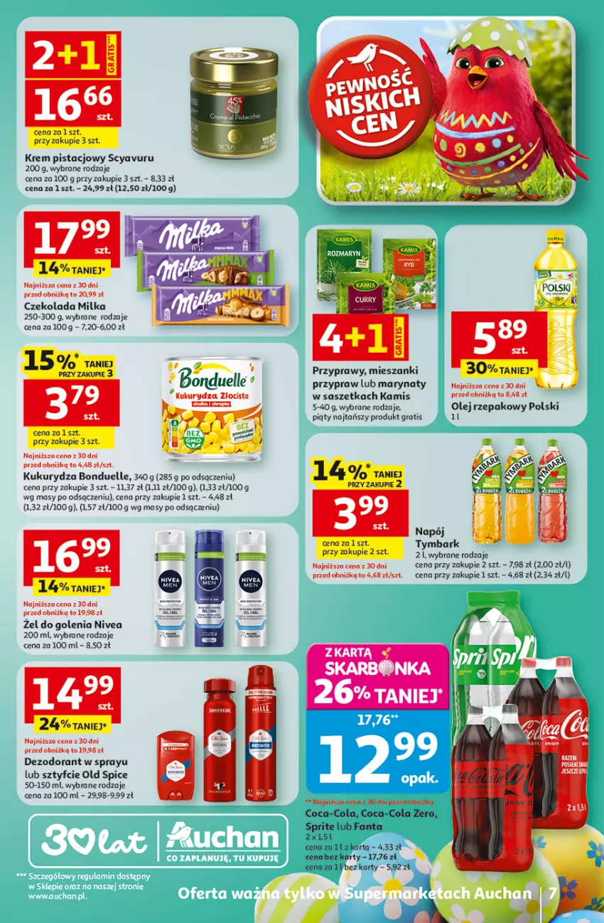 Gazetka promocyjna Auchan - 30 Lat Supermarket - ważna 26.03 do 30.03.2026 - strona 7 - produkty: Bonduelle, Coca-Cola, Czekolada, Dezodorant, Fa, Fanta, Gra, Kamis, Krem pistacjowy, Kukurydza, Milka, Napój, Nivea, Old Spice, Olej, Olej rzepakowy, Przyprawy, Sprite, Tymbark