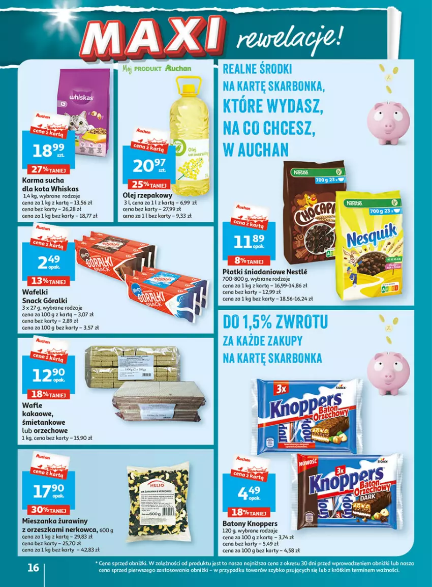 Gazetka promocyjna Auchan - Gazetka Wielkie majowe odkrycia cenowe część #2 Hipermarket Auchan - ważna 04.05 do 10.05.2023 - strona 16 - produkty: Baton, Danio, Góralki, Kakao, Knoppers, Olej, Olej rzepakowy, Wafle, Whiskas