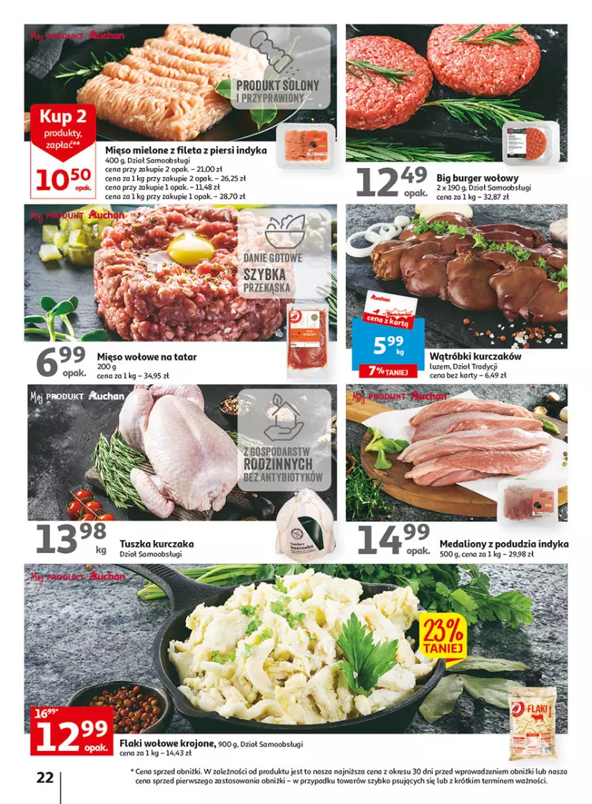 Gazetka promocyjna Auchan - Gazetka Wielkie majowe odkrycia cenowe część #2 Hipermarket Auchan - ważna 04.05 do 10.05.2023 - strona 22 - produkty: Burger, Flaki, Flaki wołowe, Kurczak, Lion, Mięso, Mięso mielone, Mięso wołowe, O nas, Tusz