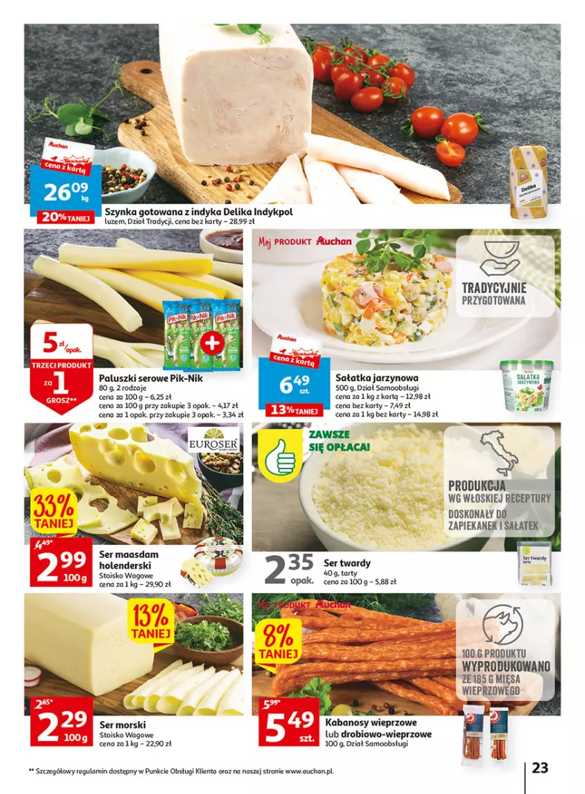 Gazetka promocyjna Auchan - Gazetka Wielkie majowe odkrycia cenowe część #2 Hipermarket Auchan - ważna 04.05 do 10.05.2023 - strona 23 - produkty: Kabanos, Maasdam, Sałat, Sałatka, Ser, Szynka