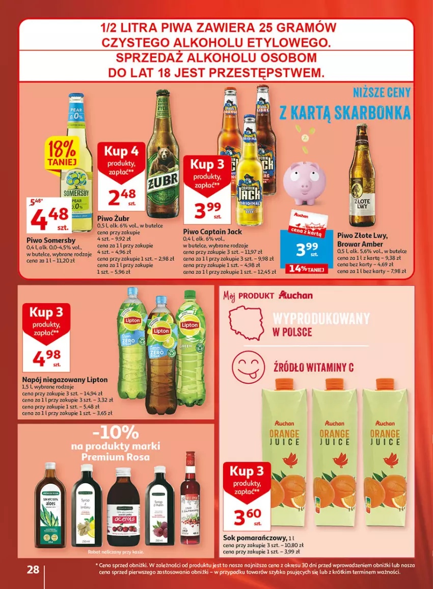 Gazetka promocyjna Auchan - Gazetka Wielkie majowe odkrycia cenowe część #2 Hipermarket Auchan - ważna 04.05 do 10.05.2023 - strona 28 - produkty: Captain Jack, Lipton, Napój, Napój niegazowany, Piwo, Sok, Sok pomarańczowy, Somersby