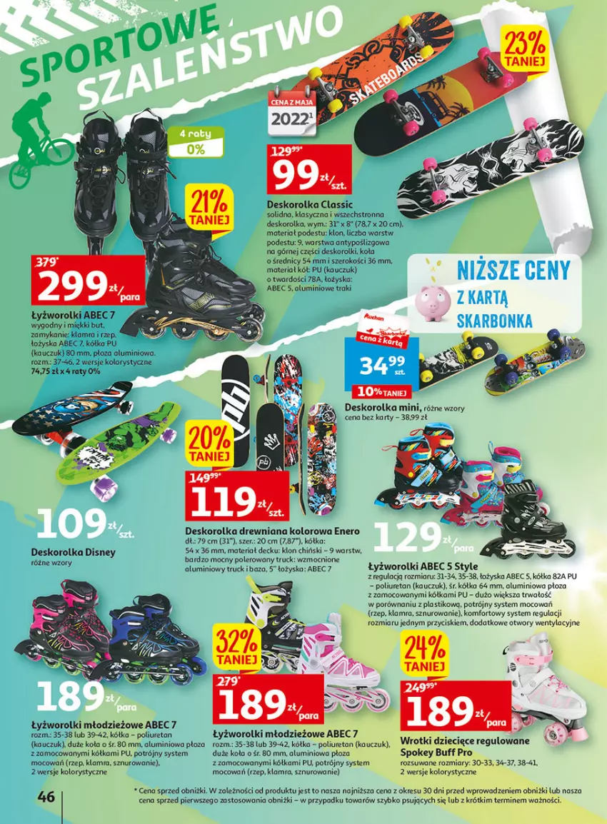 Gazetka promocyjna Auchan - Gazetka Wielkie majowe odkrycia cenowe część #2 Hipermarket Auchan - ważna 04.05 do 10.05.2023 - strona 46 - produkty: Deskorolka, Disney, Dzieci, O nas, Por, Rolki, Wrotki