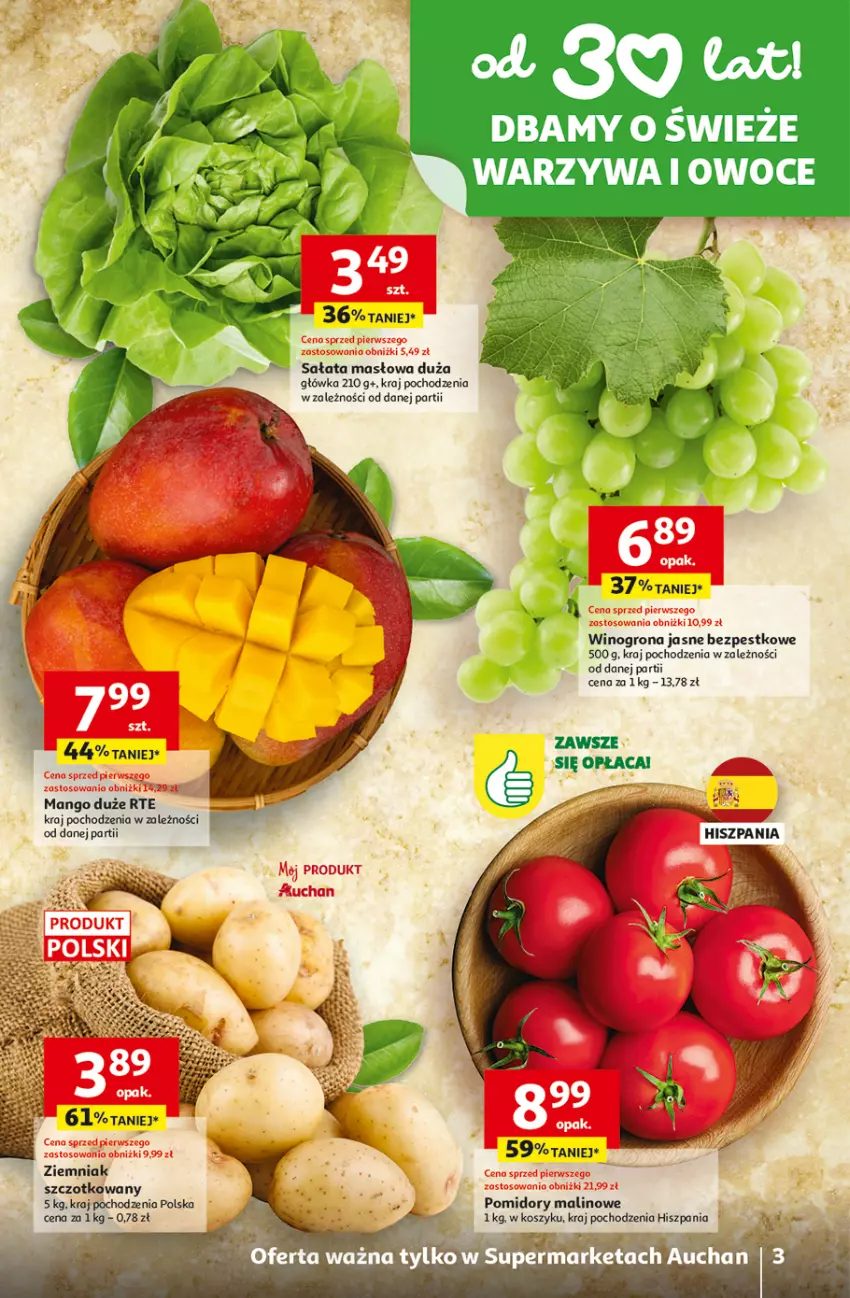Gazetka promocyjna Auchan - 30 Lat Supermarket - ważna 12.03 do 18.03.2026 - strona 3 - produkty: Kosz, Mango, Masło, Pomidory, Sałat, Sałata masłowa, Wino, Winogrona