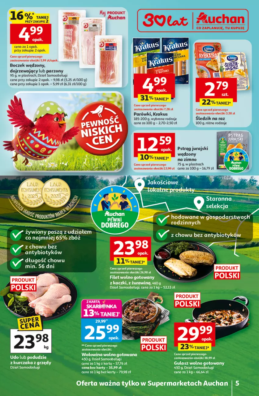 Gazetka promocyjna Auchan - 30 Lat Supermarket - ważna 12.03 do 18.03.2026 - strona 5 - produkty: Boczek, Parówki, Pstrąg, Tera