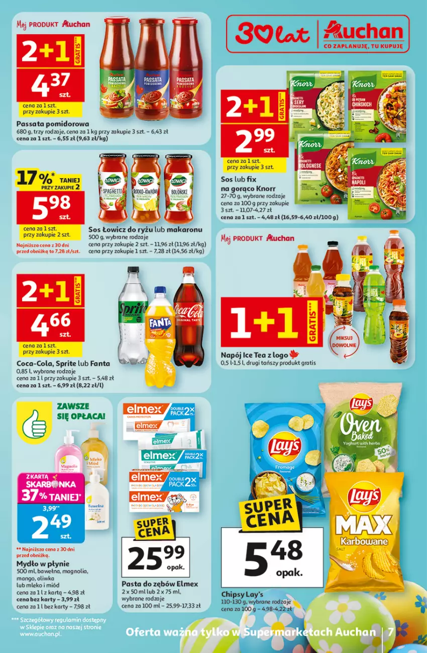 Gazetka promocyjna Auchan - 30 Lat Supermarket - ważna 12.03 do 18.03.2026 - strona 7 - produkty: Chipsy, Coca-Cola, Elmex, Fa, Fanta, Gra, Ice tea, Knorr, Makaron, Mango, Miód, Mleko, Mydło, Mydło w płynie, Napój, Ryż, Sos, Sprite