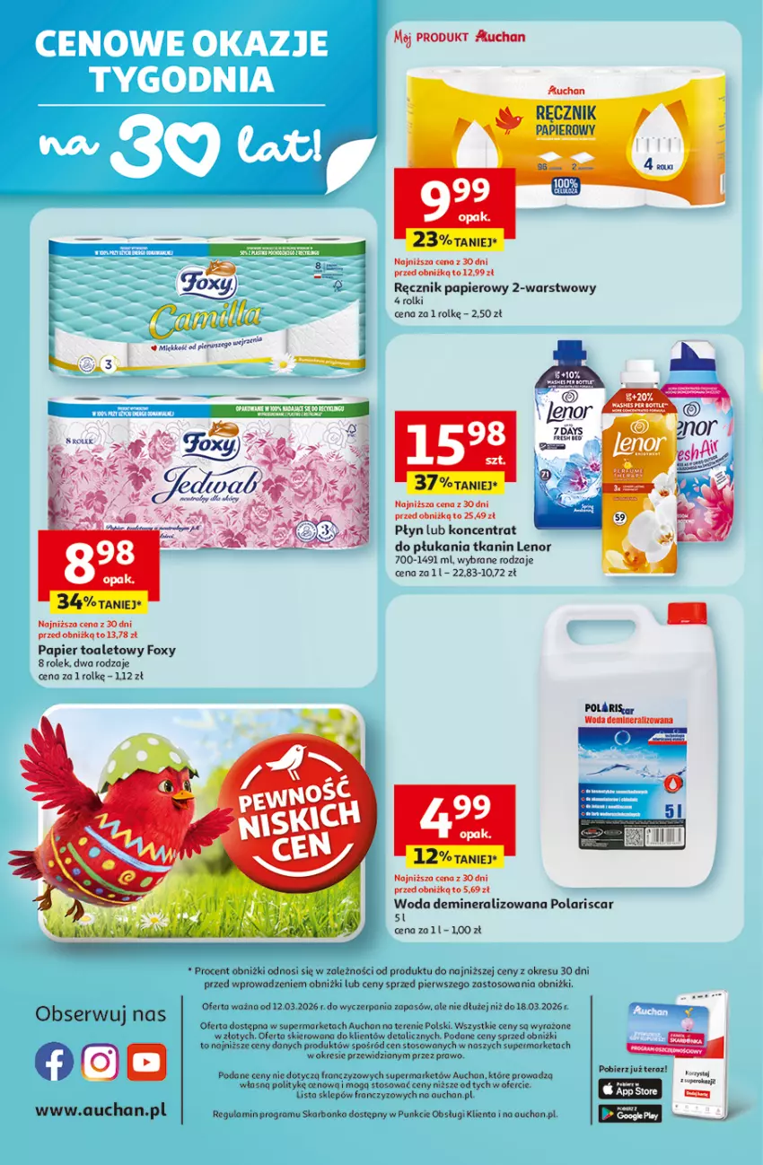 Gazetka promocyjna Auchan - 30 Lat Supermarket - ważna 12.03 do 18.03.2026 - strona 8 - produkty: Foxy, Gra, Lenor, Papier, Papier toaletowy, Ręcznik, Rolki, Ser, Tera, Woda