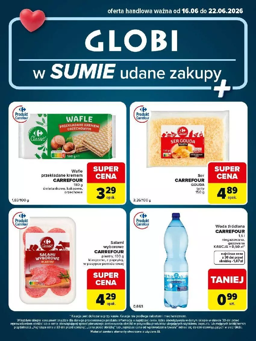 Gazetka promocyjna Carrefour - Gazetka Globi w SUMIE udane zakupy - ważna 16.06 do 22.06.2026 - strona 2 - produkty: Fa, Gouda, Kakao, LANA, Papryka, Salami, Ser, Wafle, Woda