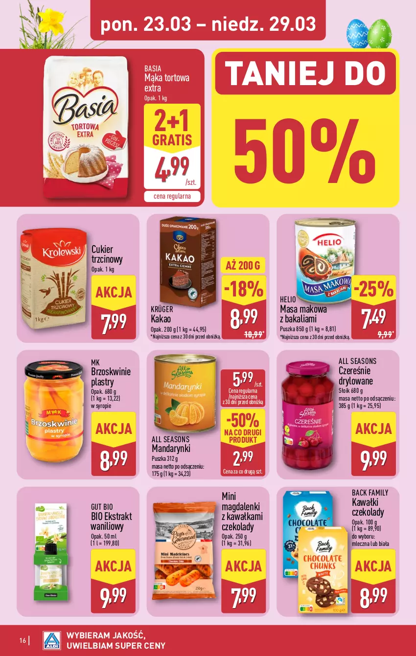 Gazetka promocyjna Aldi - Pełna oferta - ważna 23.03 do 29.03.2026 - strona 16 - produkty: All Seasons, Basia, Brzoskwinie, Cukier, Cukier trzcinowy, Fa, Gra, Helio, Kakao, Kawa, Mąka, Mąka tortowa, Mandarynki, Syrop
