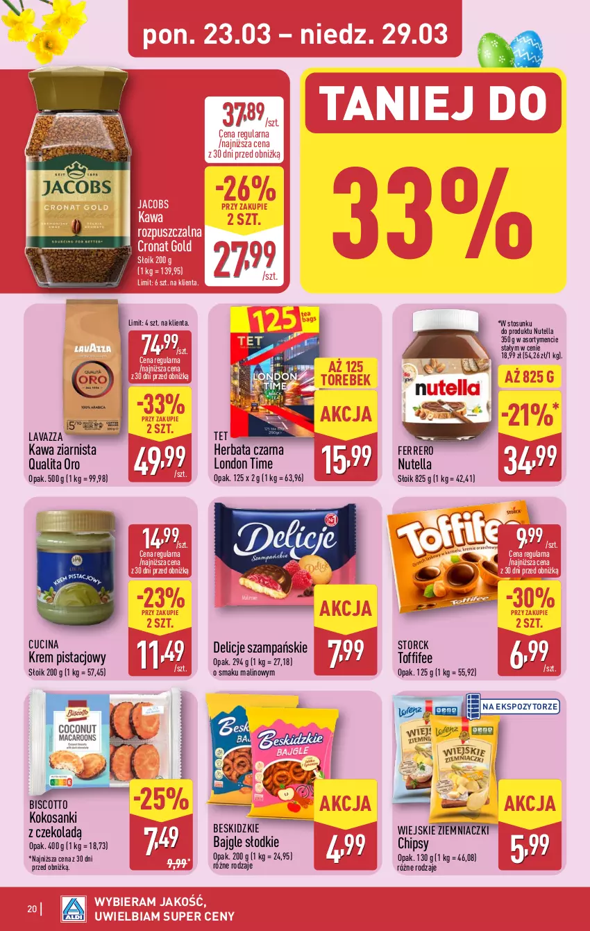 Gazetka promocyjna Aldi - Pełna oferta - ważna 23.03 do 29.03.2026 - strona 20 - produkty: Bajgle, Beskidzki, Chipsy, Delicje, Ferrero, Herbata, Herbata czarna, Jacobs, Kawa, Kawa rozpuszczalna, Kawa ziarnista, Kokos, Krem pistacjowy, Lavazza, Nutella, Sanki, Toffifee
