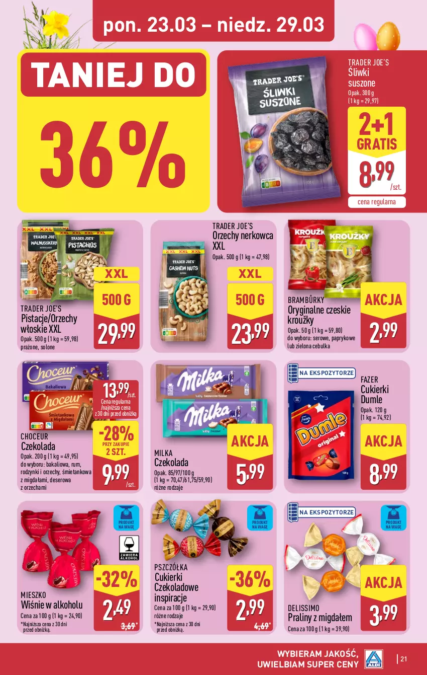 Gazetka promocyjna Aldi - Pełna oferta - ważna 23.03 do 29.03.2026 - strona 21 - produkty: Cukier, Cukierki, Cukierki czekoladowe, Czekolada, Deliss, Deser, Fa, Gin, Gra, Milka, Orzechy włoskie, Pistacje, Praliny, Rodzynki, Rum, Ser