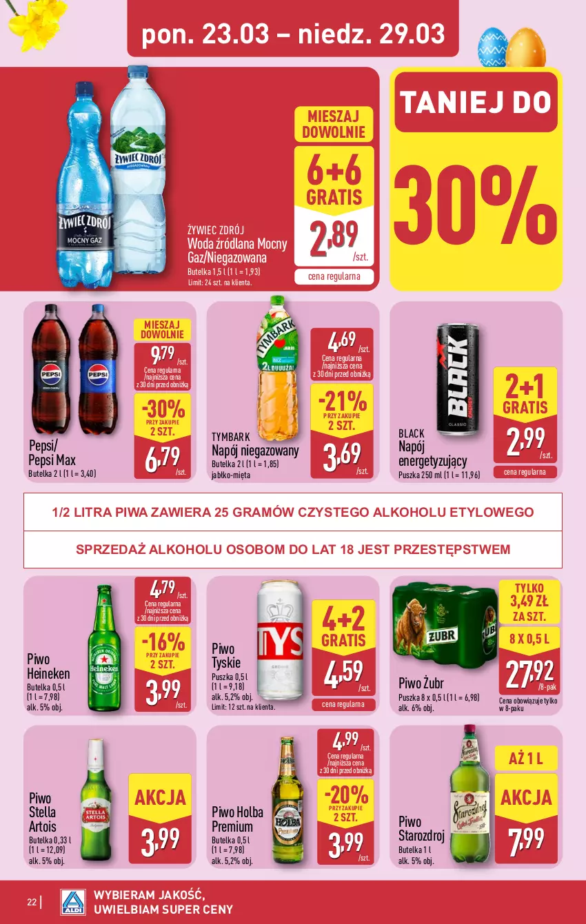 Gazetka promocyjna Aldi - Pełna oferta - ważna 23.03 do 29.03.2026 - strona 22 - produkty: Gra, Heineken, Lack, LANA, Mięta, Napój, Napój niegazowany, Pepsi, Pepsi max, Piwa, Piwo, Tymbark, Tyskie, Woda