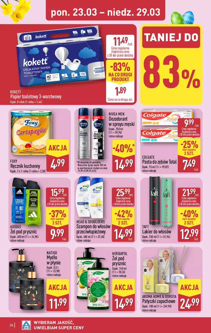 Gazetka promocyjna Aldi - Pełna oferta - ważna 23.03 do 29.03.2026 - strona 24 - produkty: Adidas, Colgate, Dezodorant, Foxy, Herbapol, Lakier, Lakier do włosów, LG, Mydło, Mydło w płynie, Nivea, Nivea Men, Papier, Papier toaletowy, Pasta do zębów, Ręcznik, Ręcznik kuchenny, Szampon, Taft