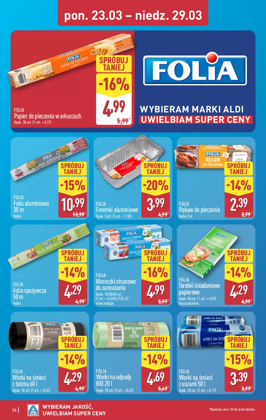 Gazetka promocyjna Aldi - Pełna oferta - ważna 23.03 do 29.03.2026 - strona 26 - produkty: Danio, Folia aluminiowa, Foremki, Papier, Papier do pieczenia, Piec, Rękaw do pieczenia, Worki na śmiec, Worki na śmieci