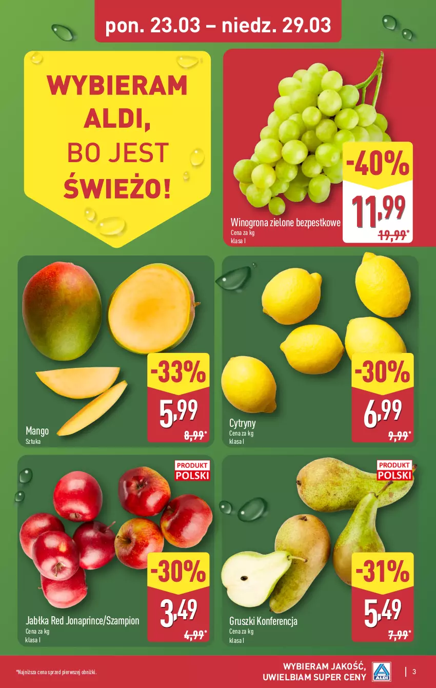Gazetka promocyjna Aldi - Pełna oferta - ważna 23.03 do 29.03.2026 - strona 3 - produkty: Cytryny, Gruszki, Jabłka, Mango, Szampion, Wino, Winogrona