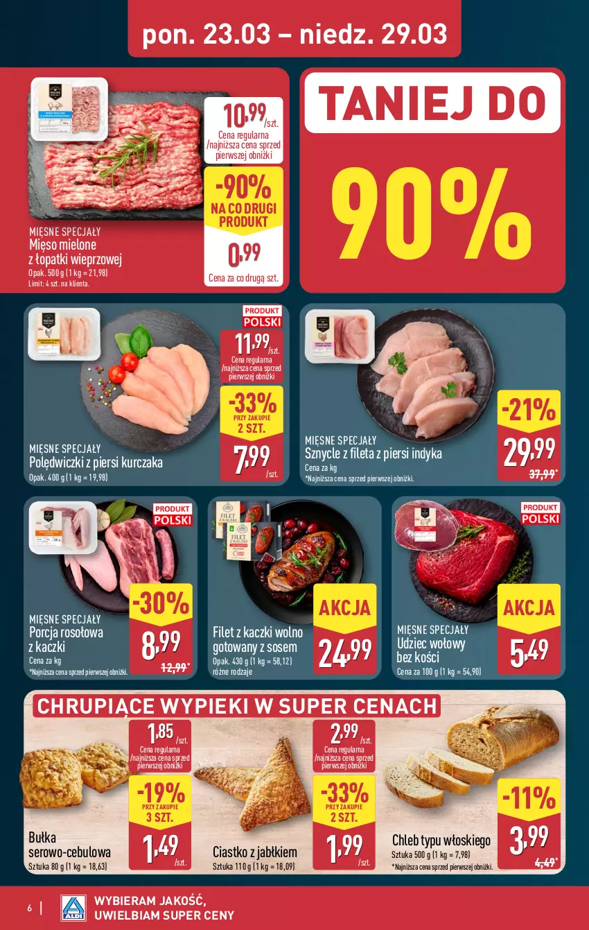 Gazetka promocyjna Aldi - Pełna oferta - ważna 23.03 do 29.03.2026 - strona 6 - produkty: Bułka, Chleb, Chleb typu włoskiego, Kurczak, Mięsne specjały, Mięso, Mięso mielone, Mięso mielone z łopatki wieprzowej, Por, Ser, Sos, Udziec wołowy